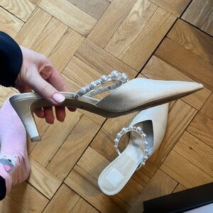 Dolce Vita Ivory Satin Pearl-Embellished Pointed Toe Mules